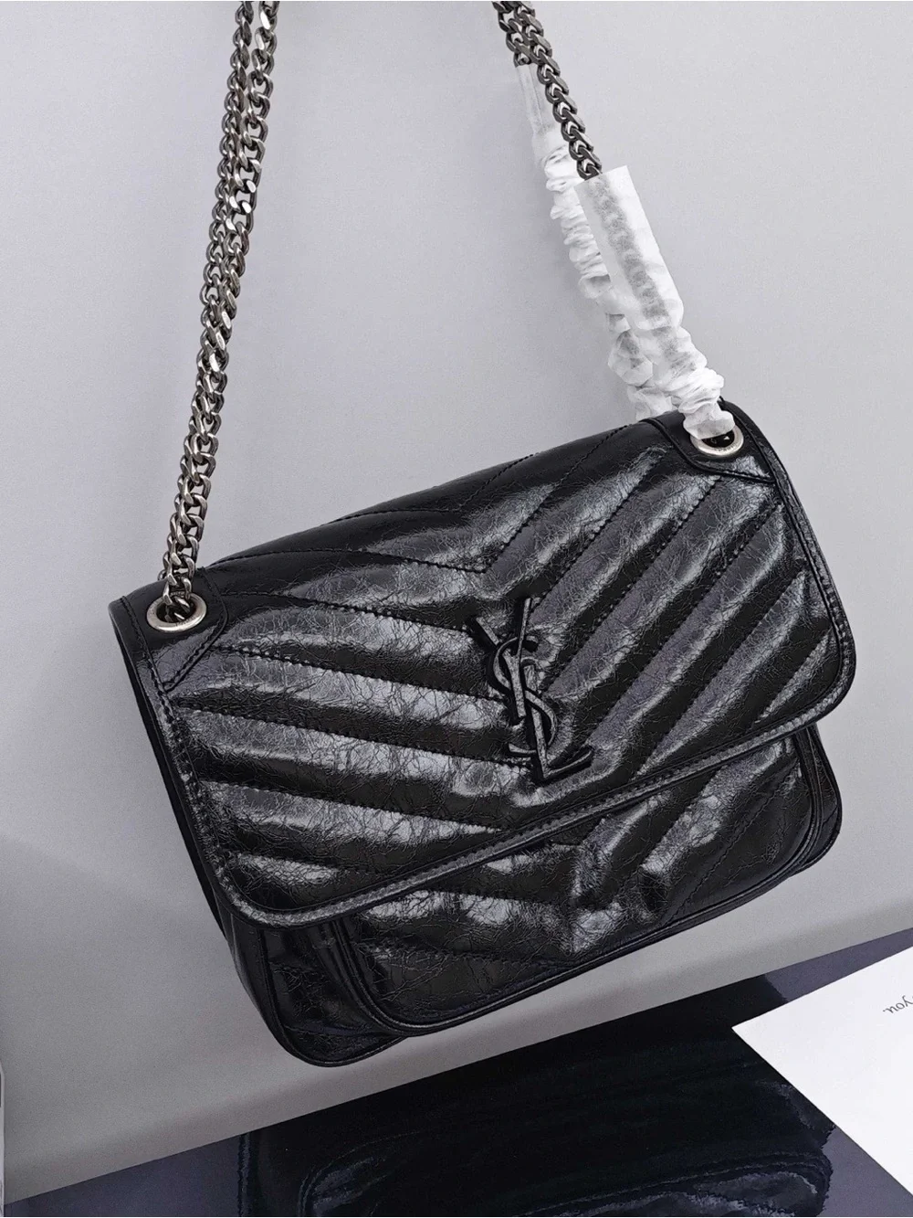 Saint Laurent Black Crinkled Leather Chain Shoulder Bag